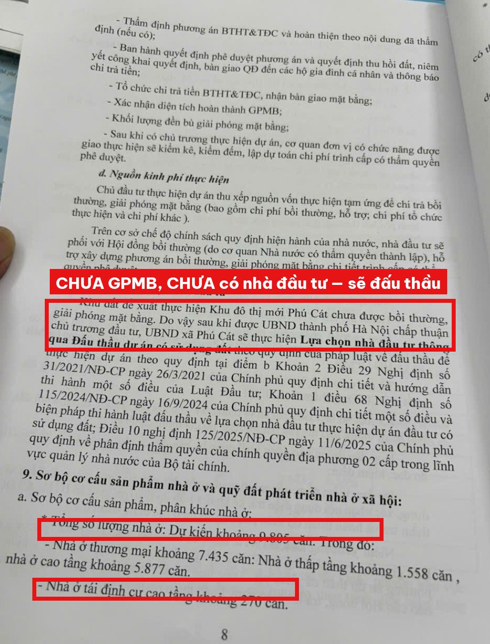 Trang 8: khu đất chưa GPMB, chưa có nhà đầu tư, 9.805 căn